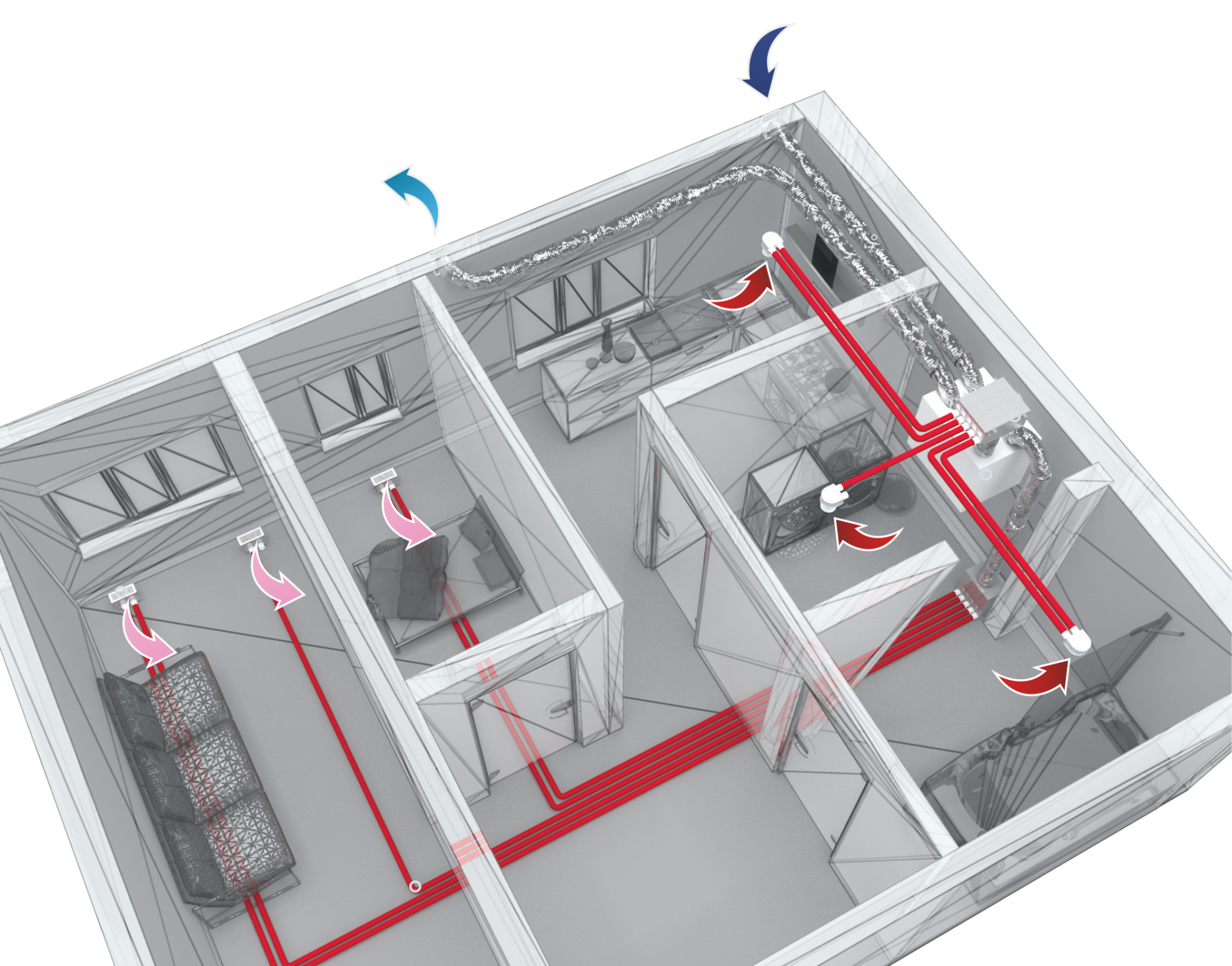 Luftverteilung aus der zentralen Wohnraumlüftung mit dem FLEXITECH Lüftungssystem.